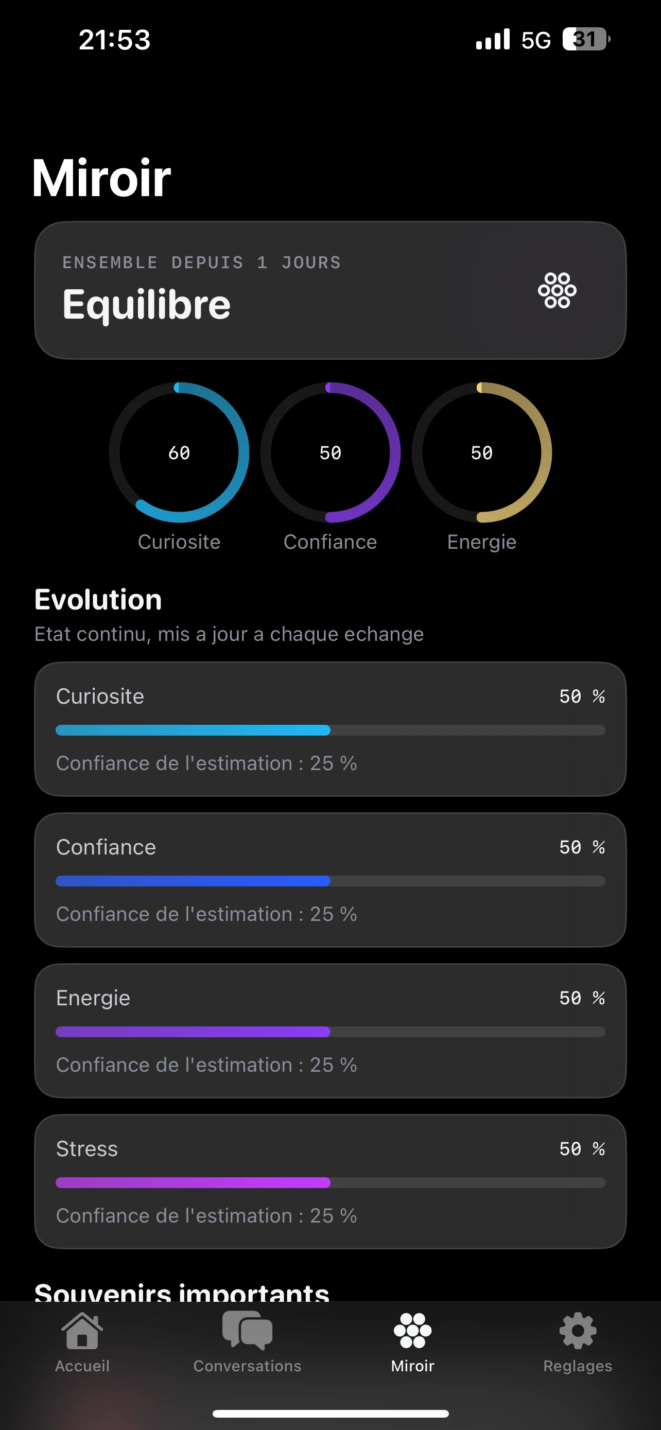 Écran Miroir de l'app Mirayo avec les jauges Curiosité, Confiance et Énergie