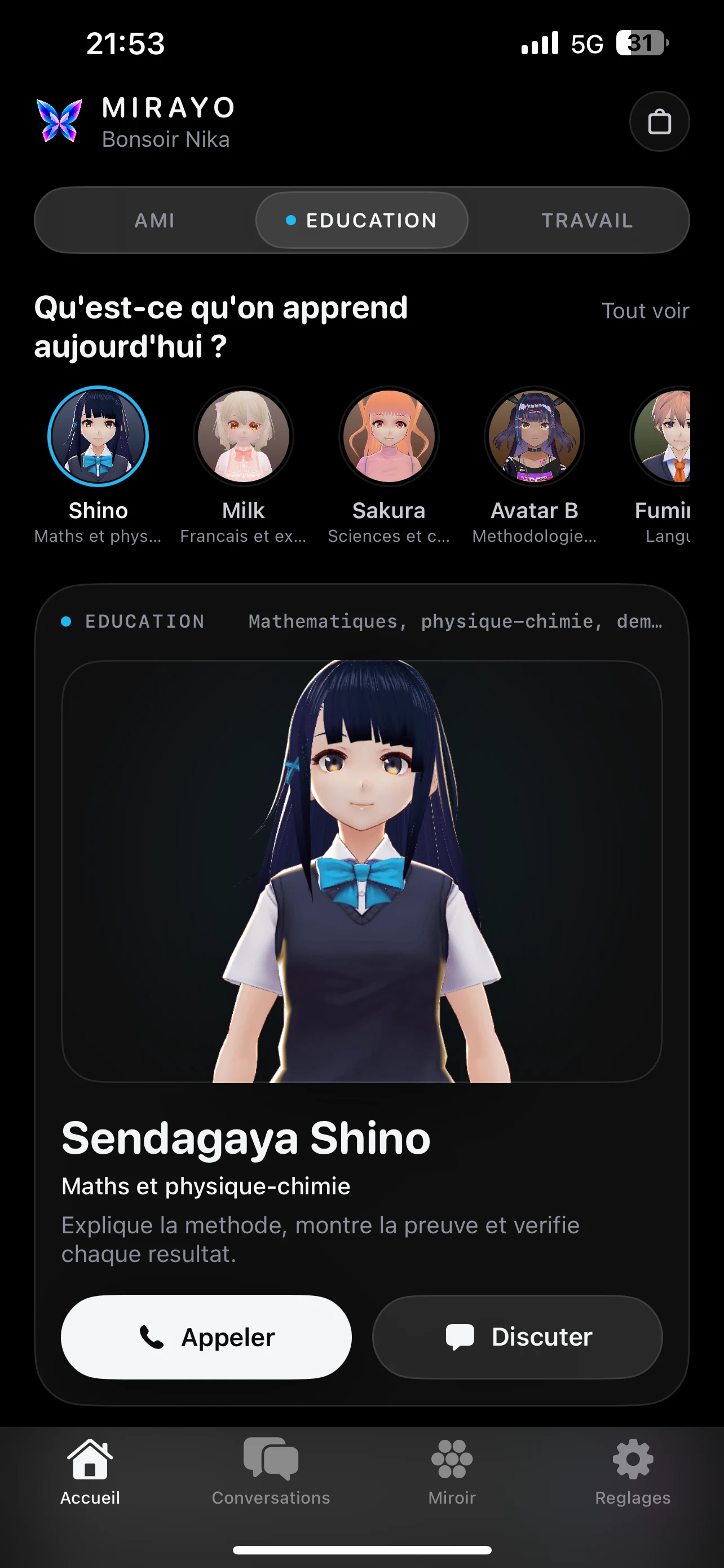 Accueil de l'app Mirayo dans l'univers Éducation, avec la professeure Sendagaya Shino